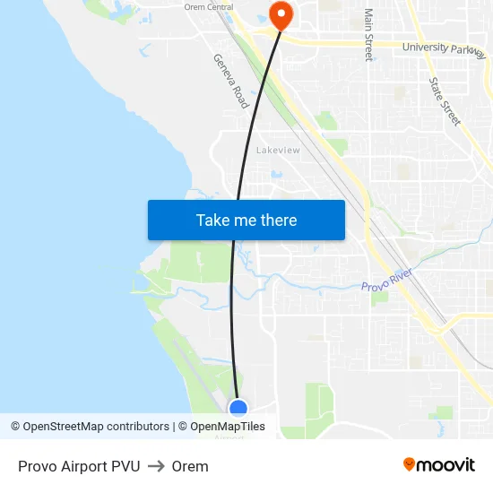 Provo Airport PVU to Orem map