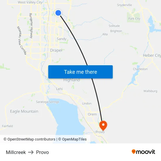 Millcreek to Provo map