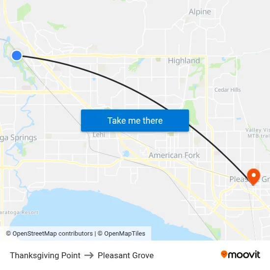 Thanksgiving Point to Pleasant Grove map