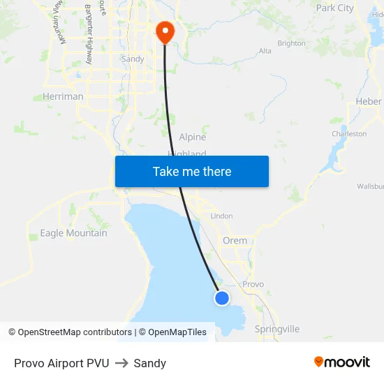 Provo Airport PVU to Sandy map