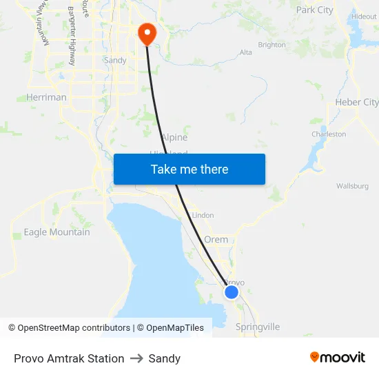 Provo Amtrak Station to Sandy map