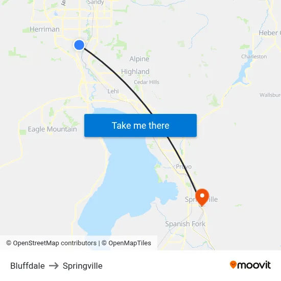 Bluffdale to Springville map
