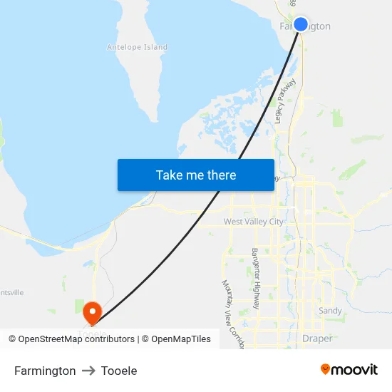 Farmington to Tooele map
