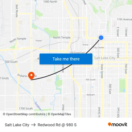 Salt Lake City to Redwood Rd @ 980 S map