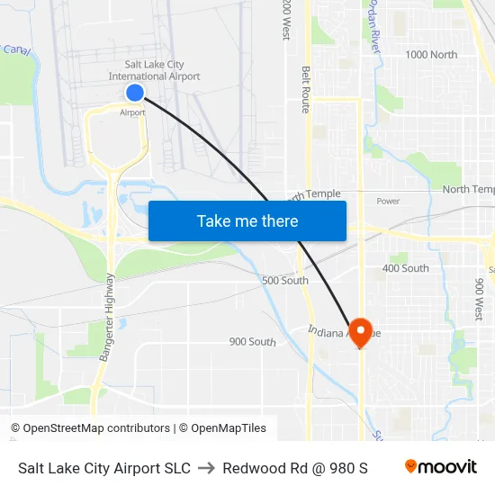 Salt Lake City Airport SLC to Redwood Rd @ 980 S map