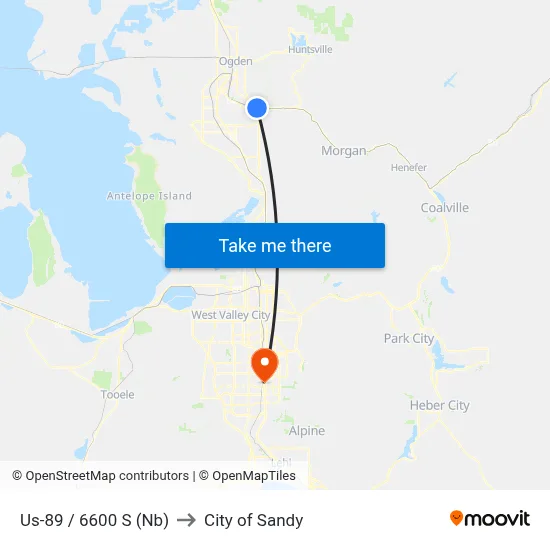 Us-89 / 6600 S (Nb) to City of Sandy map