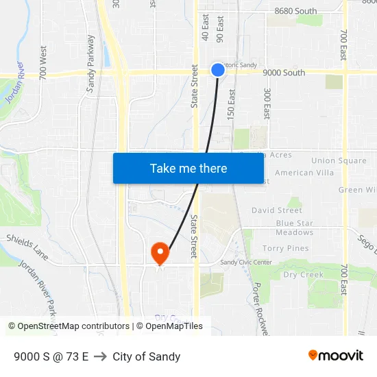 9000 S @ 73 E to City of Sandy map