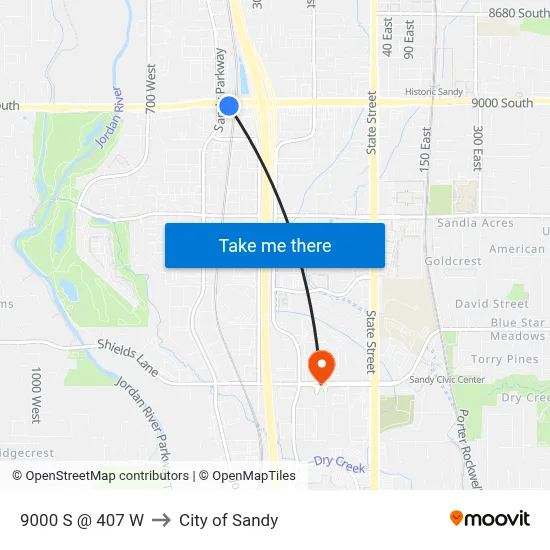 9000 S @ 407 W to City of Sandy map