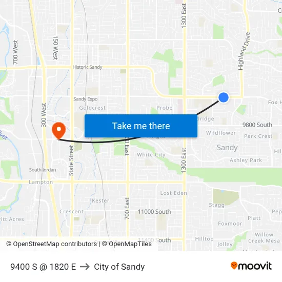 9400 S @ 1820 E to City of Sandy map