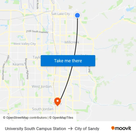 University South Campus Station to City of Sandy map
