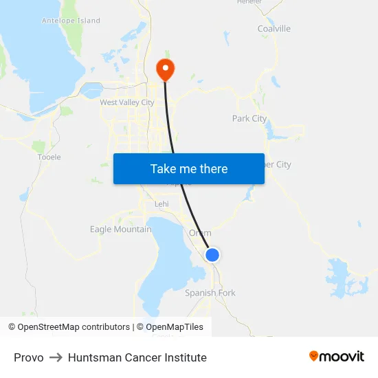 Provo to Huntsman Cancer Institute map