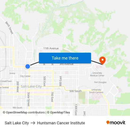 Salt Lake City to Huntsman Cancer Institute map