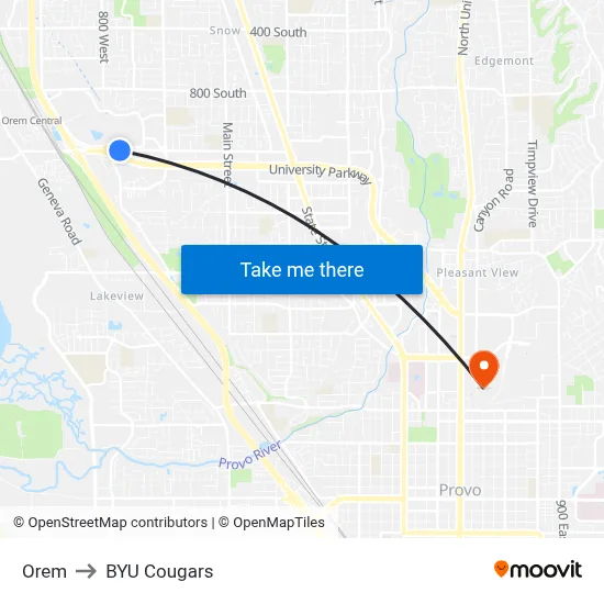Orem to BYU Cougars map