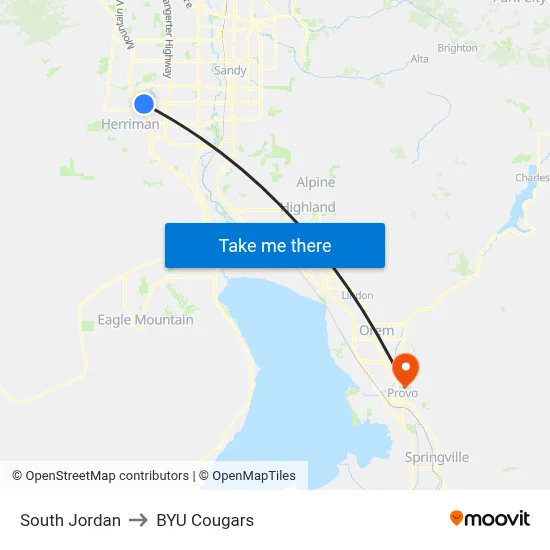 South Jordan to BYU Cougars map