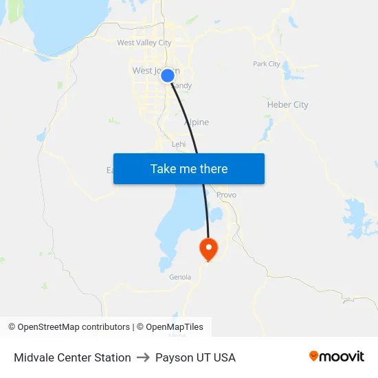 Midvale Center Station to Payson UT USA map