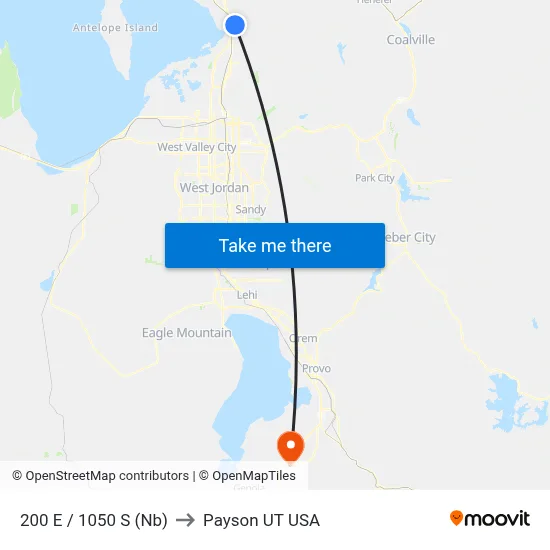 200 E / 1050 S (Nb) to Payson UT USA map