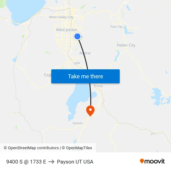 9400 S @ 1733 E to Payson UT USA map