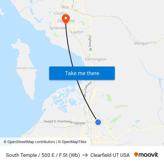 South Temple / 500 E / F St (Wb) to Clearfield UT USA map