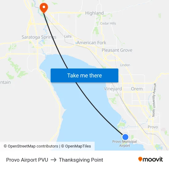 Provo Airport PVU to Thanksgiving Point map