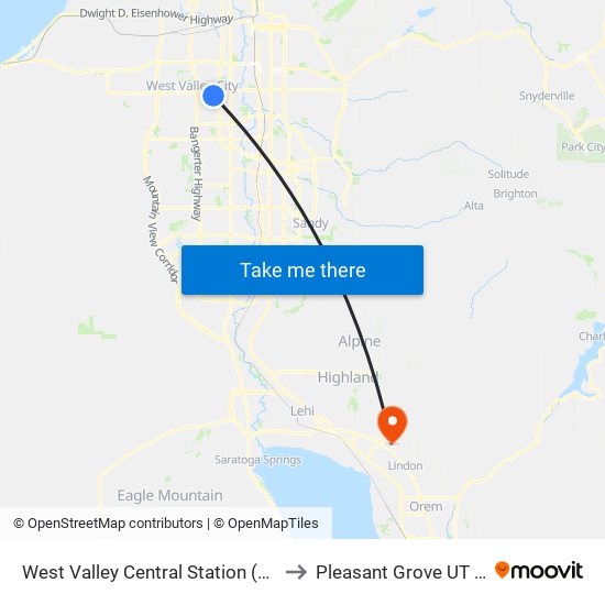 West Valley Central Station (Bay D) to Pleasant Grove UT USA map