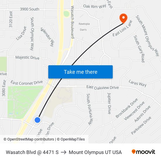 Wasatch Blvd @ 4471 S to Mount Olympus UT USA map