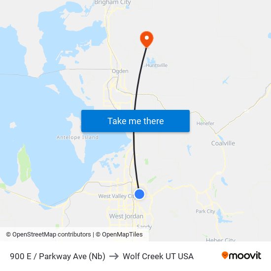 900 E / Parkway Ave (Nb) to Wolf Creek UT USA map