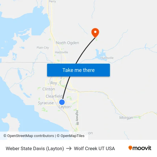 Weber State Davis (Layton) to Wolf Creek UT USA map