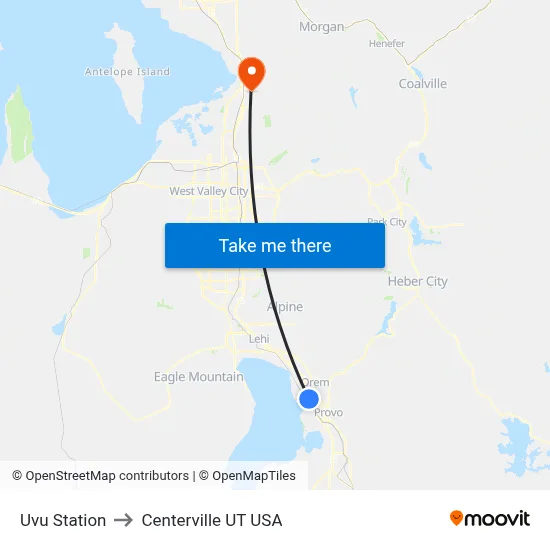 Uvu Station to Centerville UT USA map