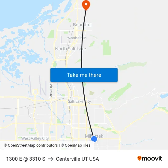 1300 E @ 3310 S to Centerville UT USA map