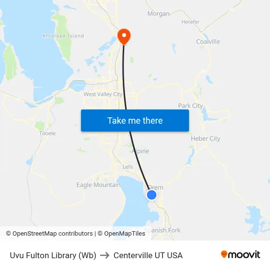 Uvu Fulton Library (Wb) to Centerville UT USA map