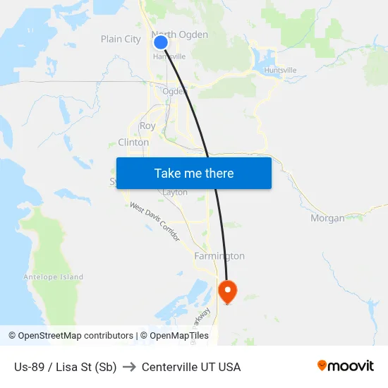 Us-89 / Lisa St (Sb) to Centerville UT USA map