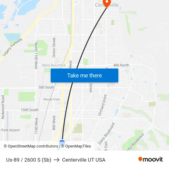 Us-89 / 2600 S (Sb) to Centerville UT USA map