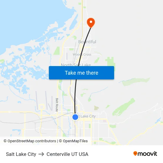 Salt Lake City to Centerville UT USA map