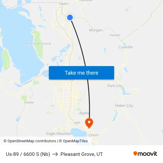 Us-89 / 6600 S (Nb) to Pleasant Grove, UT map