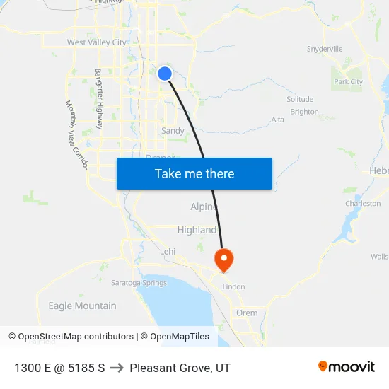 1300 E @ 5185 S to Pleasant Grove, UT map