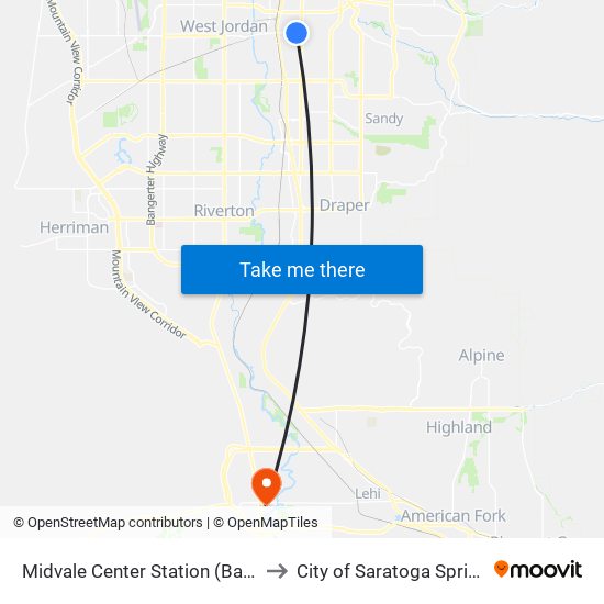 Midvale Center Station (Bay A) to City of Saratoga Springs map