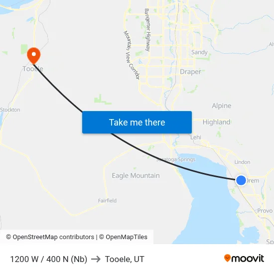 1200 W / 400 N (Nb) to Tooele, UT map