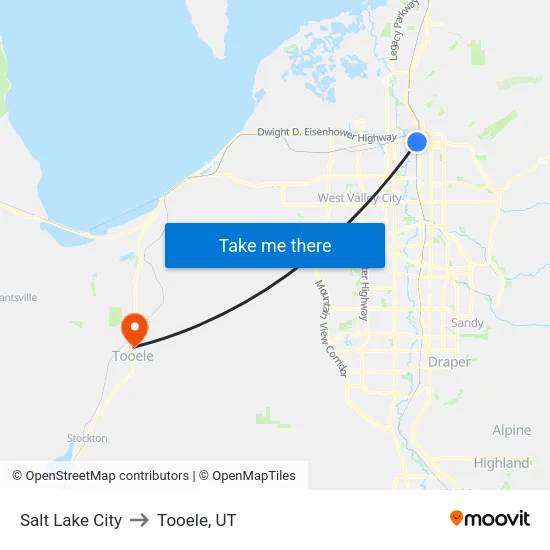 Salt Lake City to Tooele, UT map