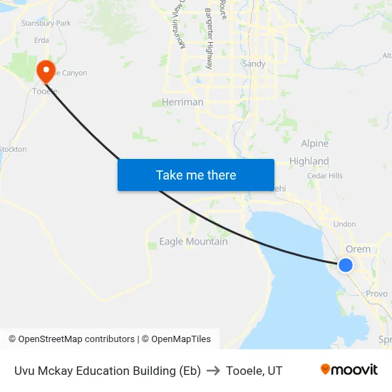 Uvu Mckay Education Building (Eb) to Tooele, UT map