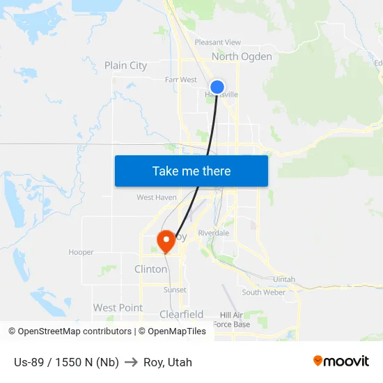 Us-89 / 1550 N (Nb) to Roy, Utah map