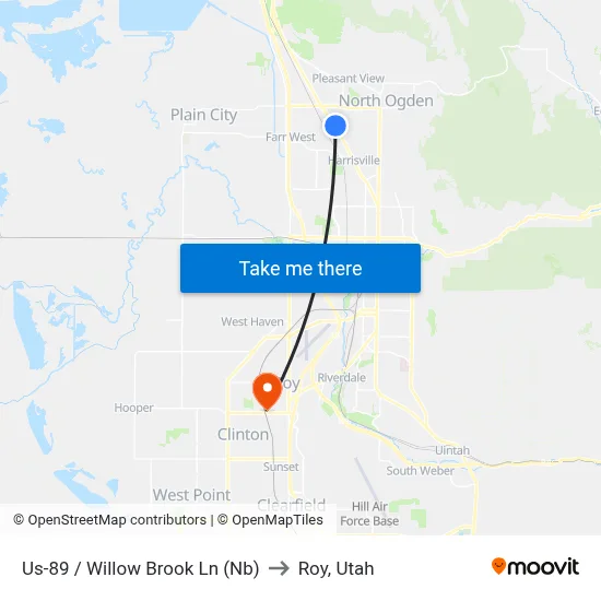Us-89 / Willow Brook Ln (Nb) to Roy, Utah map