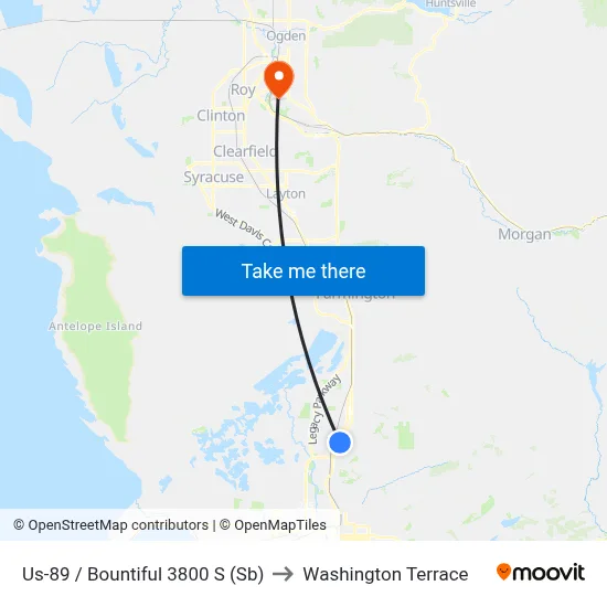 Us-89 / Bountiful 3800 S (Sb) to Washington Terrace map