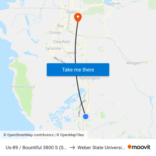 Us-89 / Bountiful 3800 S (Sb) to Weber State University map