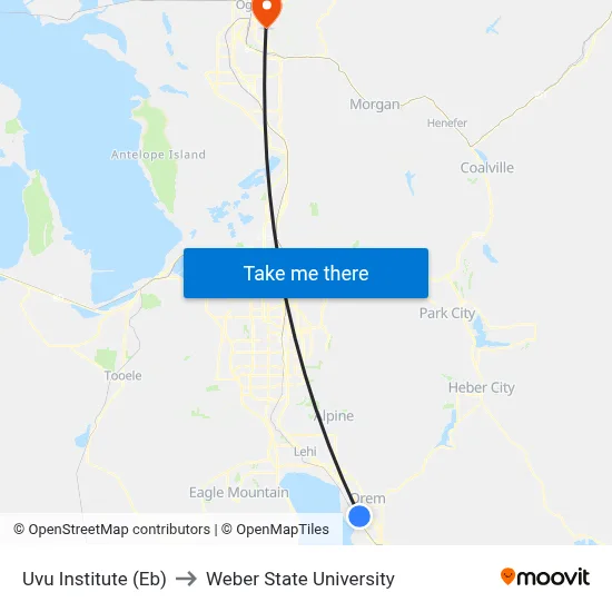 Uvu Institute (Eb) to Weber State University map