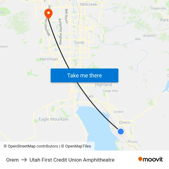 Orem to Utah First Credit Union Amphitheatre map