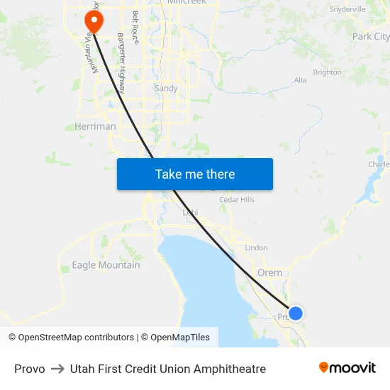 Provo to Utah First Credit Union Amphitheatre map