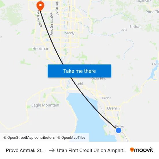 Provo Amtrak Station to Utah First Credit Union Amphitheatre map