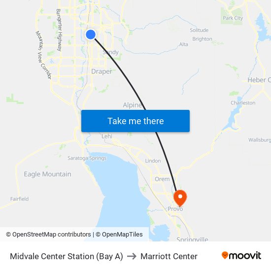 Midvale Center Station (Bay A) to Marriott Center map