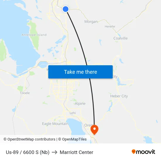 Us-89 / 6600 S (Nb) to Marriott Center map