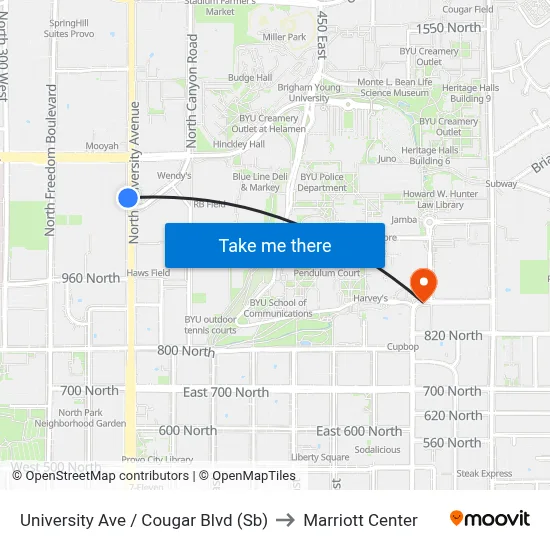 University Ave / Cougar Blvd (Sb) to Marriott Center map